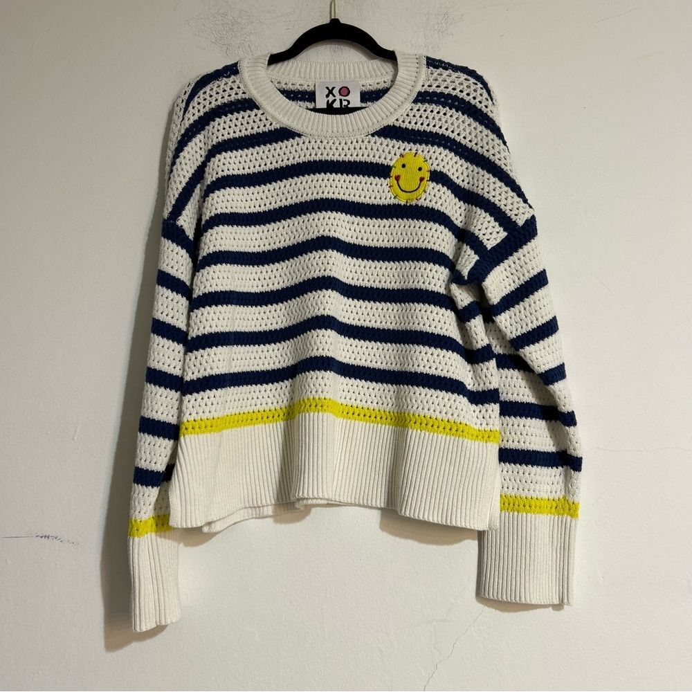 Kerri Rosenthal Striped Smiley Face Embroidered Knit Sweater Size XL